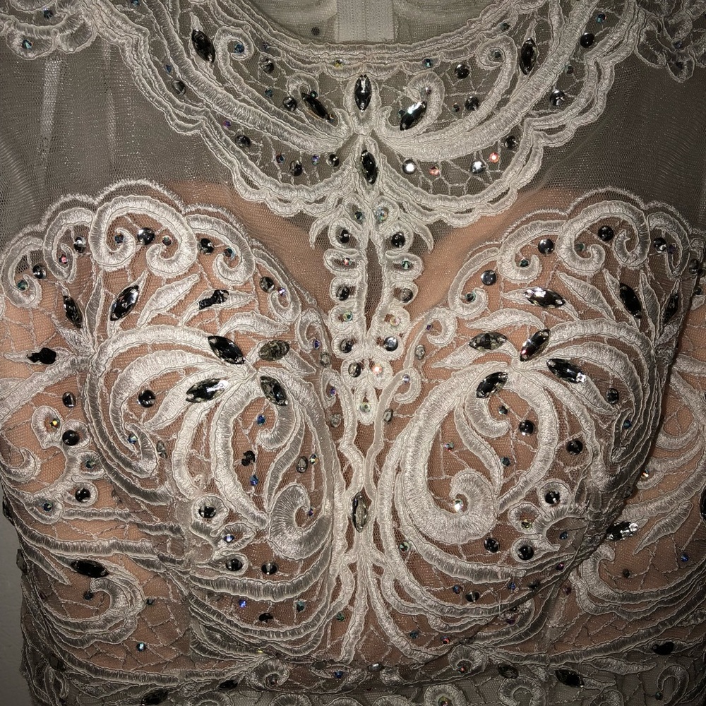 Two-piece offwhite jeweled dress with train